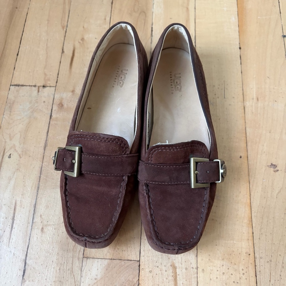 UGG Crawford Brown Suede Leather Slip On Buckle Strap Driving Moc Loafers 5‎